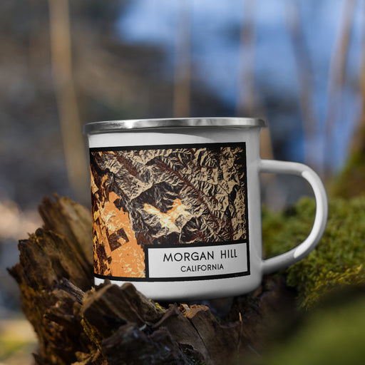 Right View Custom Morgan Hill California Map Enamel Mug in Ember on Grass With Trees in Background