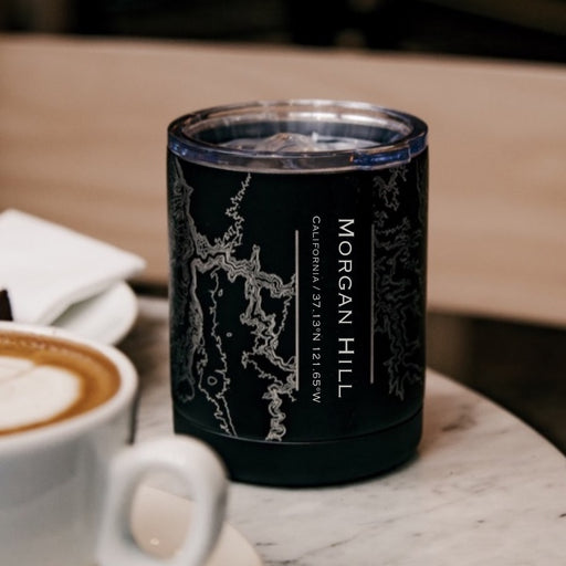 Morgan Hill California Custom Engraved City Map Inscription Coordinates on 10oz Stainless Steel Insulated Cup with Sliding Lid in Black