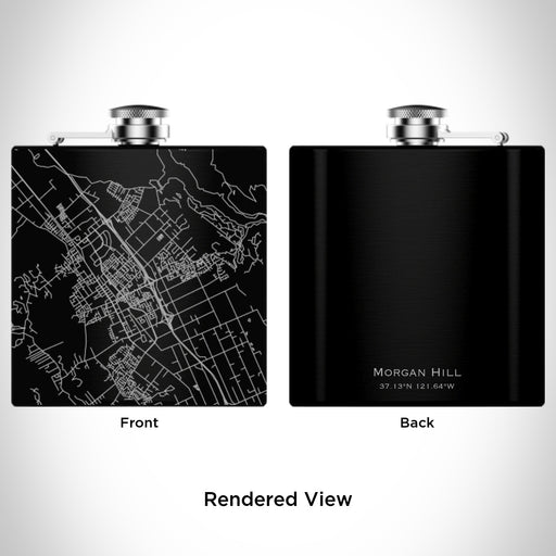 Rendered View of Morgan Hill California Map Engraving on 6oz Stainless Steel Flask in Black