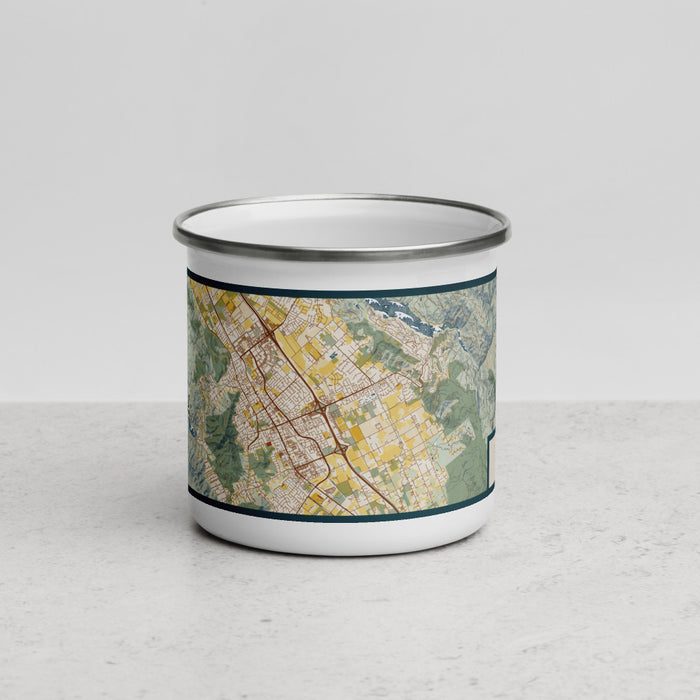 Front View Custom Morgan Hill California Map Enamel Mug in Woodblock