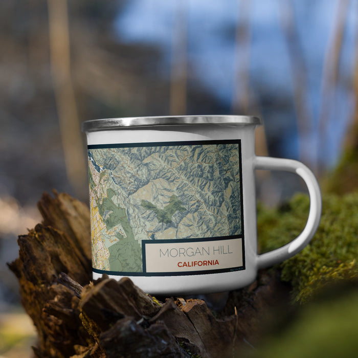 Right View Custom Morgan Hill California Map Enamel Mug in Woodblock on Grass With Trees in Background