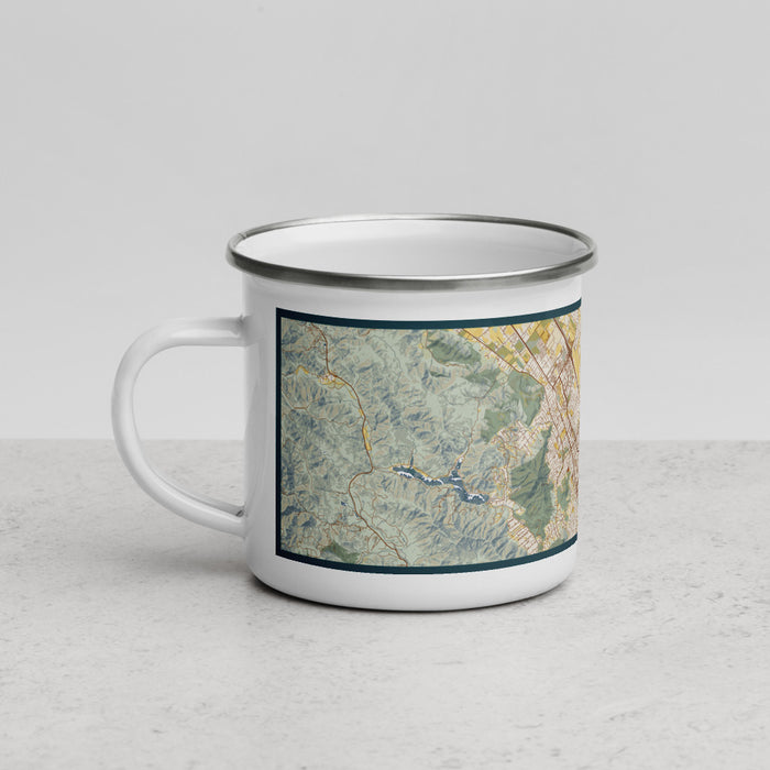 Left View Custom Morgan Hill California Map Enamel Mug in Woodblock