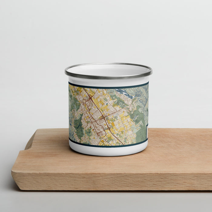 Front View Custom Morgan Hill California Map Enamel Mug in Woodblock on Cutting Board