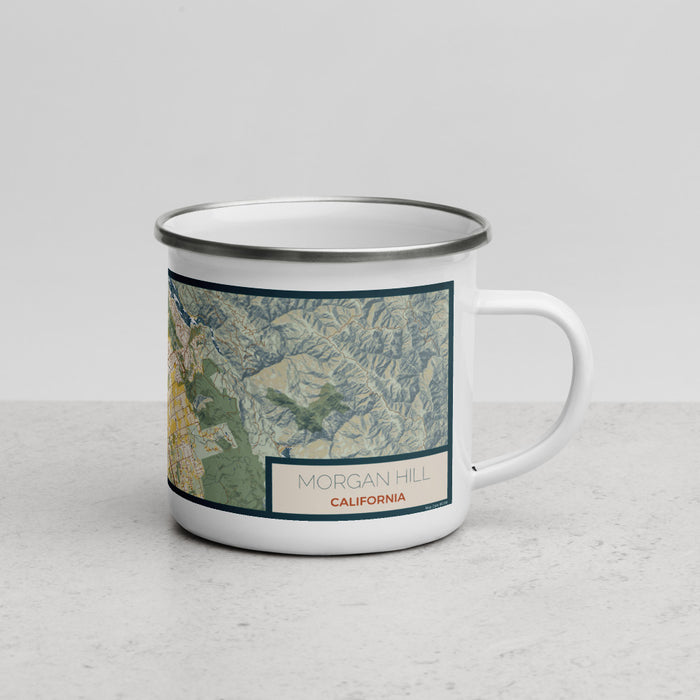 Right View Custom Morgan Hill California Map Enamel Mug in Woodblock