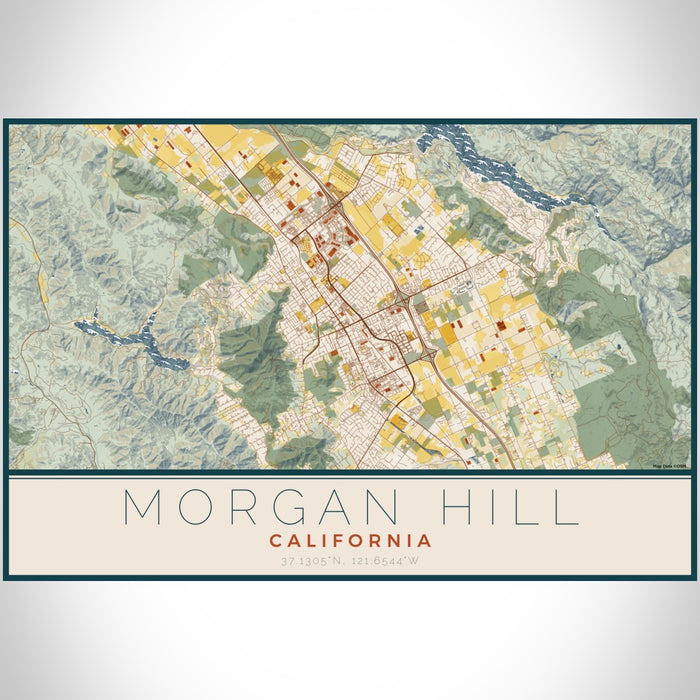 Morgan Hill California Map Print Landscape Orientation in Woodblock Style With Shaded Background