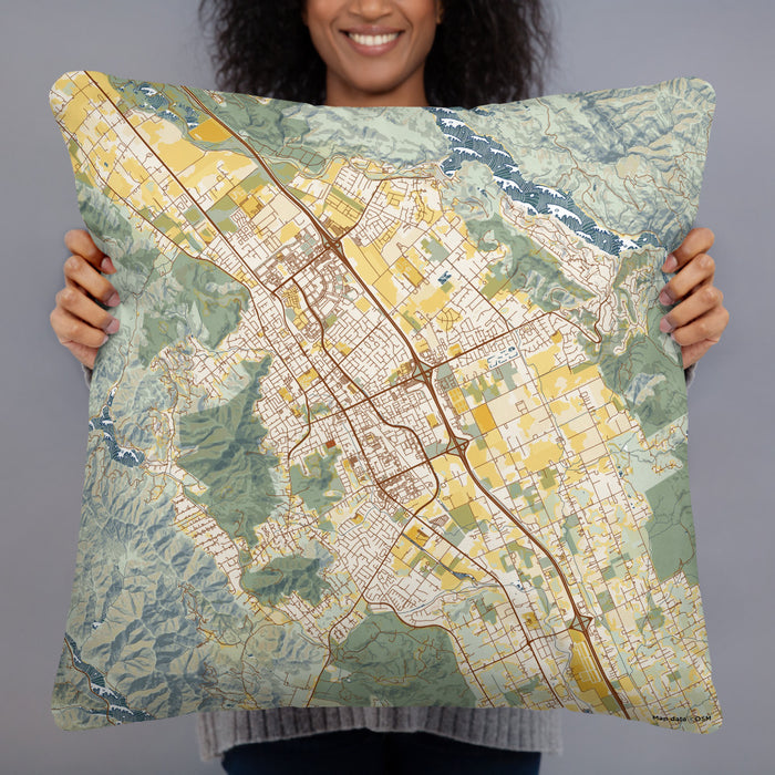 Person holding 22x22 Custom Morgan Hill California Map Throw Pillow in Woodblock