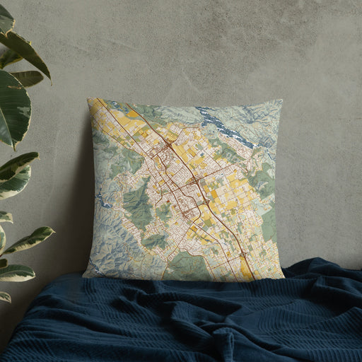 Custom Morgan Hill California Map Throw Pillow in Woodblock on Bedding Against Wall