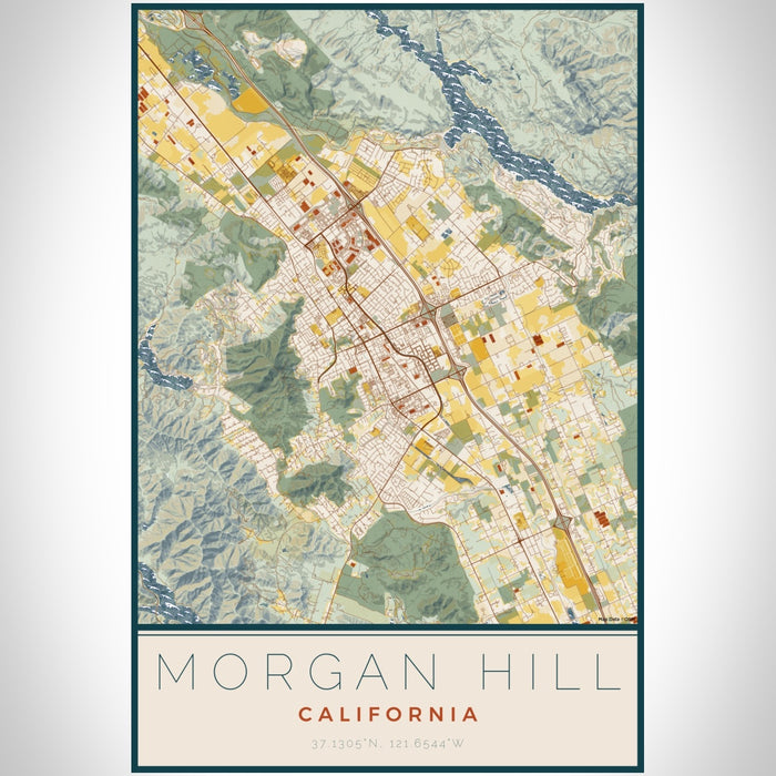 Morgan Hill California Map Print Portrait Orientation in Woodblock Style With Shaded Background