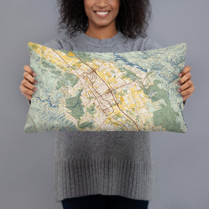 Person holding 20x12 Custom Morgan Hill California Map Throw Pillow in Woodblock