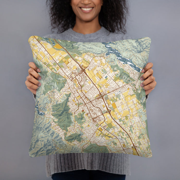 Person holding 18x18 Custom Morgan Hill California Map Throw Pillow in Woodblock