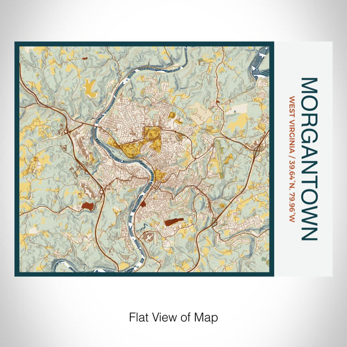 Rendered View of Morgantown West Virginia Map on 20oz Stainless Steel Insulated Bottle with Bamboo Top with printed woodblock style map