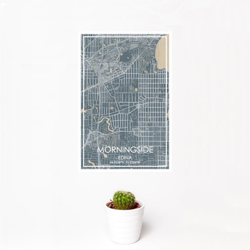 12x18 Morningside Edina Map Print Portrait Orientation in Afternoon Style With Small Cactus Plant in White Planter
