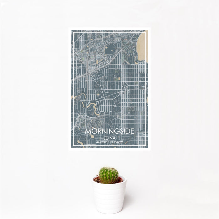 12x18 Morningside Edina Map Print Portrait Orientation in Afternoon Style With Small Cactus Plant in White Planter