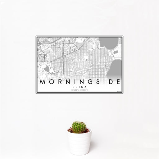 12x18 Morningside Edina Map Print Landscape Orientation in Classic Style With Small Cactus Plant in White Planter