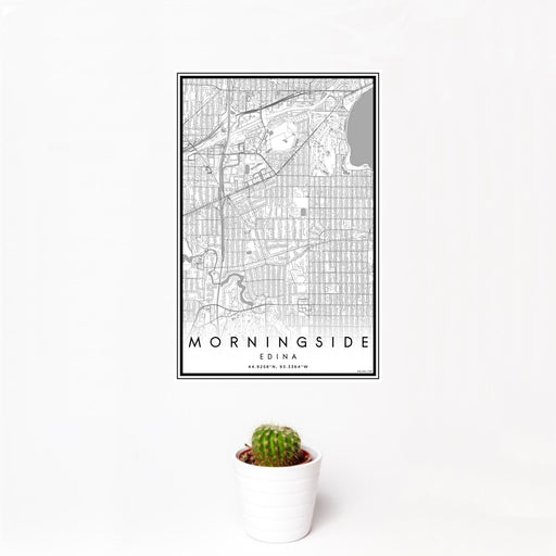 12x18 Morningside Edina Map Print Portrait Orientation in Classic Style With Small Cactus Plant in White Planter