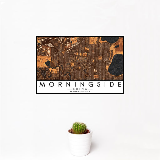 12x18 Morningside Edina Map Print Landscape Orientation in Ember Style With Small Cactus Plant in White Planter