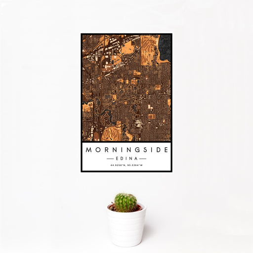 12x18 Morningside Edina Map Print Portrait Orientation in Ember Style With Small Cactus Plant in White Planter