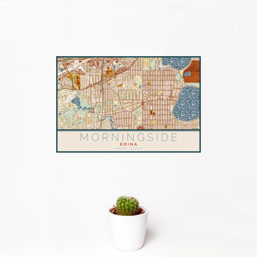 12x18 Morningside Edina Map Print Landscape Orientation in Woodblock Style With Small Cactus Plant in White Planter
