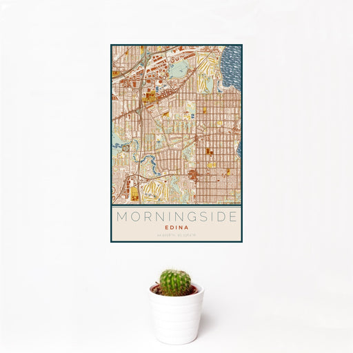 12x18 Morningside Edina Map Print Portrait Orientation in Woodblock Style With Small Cactus Plant in White Planter