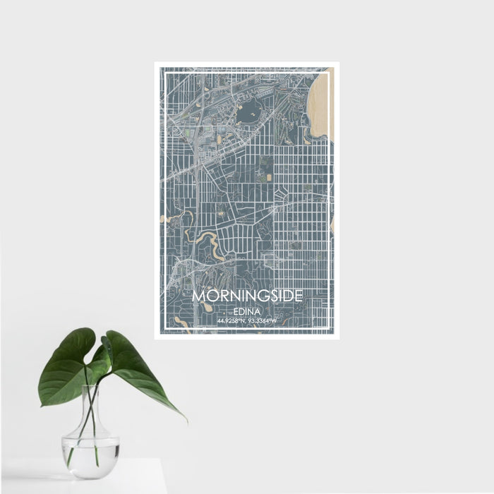 16x24 Morningside Edina Map Print Portrait Orientation in Afternoon Style With Tropical Plant Leaves in Water