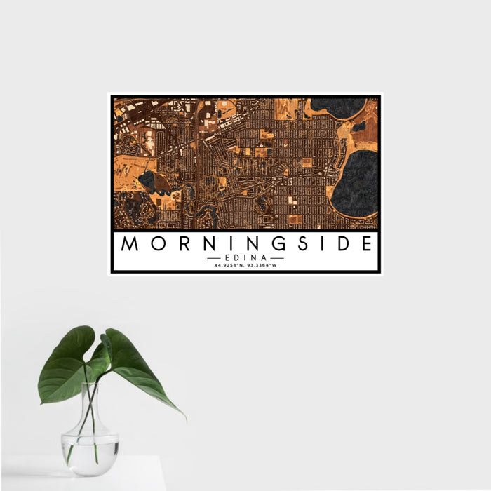 16x24 Morningside Edina Map Print Landscape Orientation in Ember Style With Tropical Plant Leaves in Water