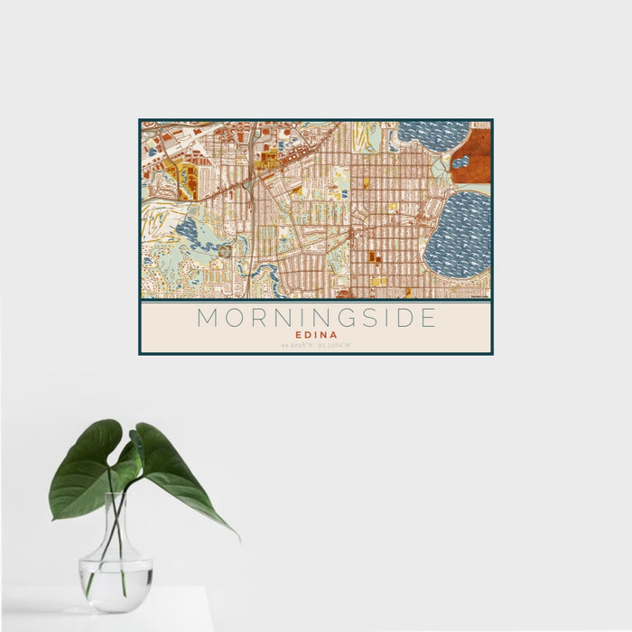 16x24 Morningside Edina Map Print Landscape Orientation in Woodblock Style With Tropical Plant Leaves in Water
