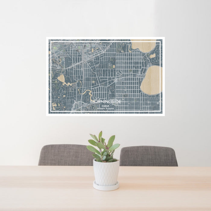 24x36 Morningside Edina Map Print Lanscape Orientation in Afternoon Style Behind 2 Chairs Table and Potted Plant