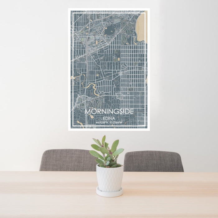 24x36 Morningside Edina Map Print Portrait Orientation in Afternoon Style Behind 2 Chairs Table and Potted Plant