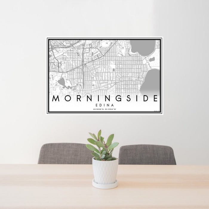 24x36 Morningside Edina Map Print Lanscape Orientation in Classic Style Behind 2 Chairs Table and Potted Plant