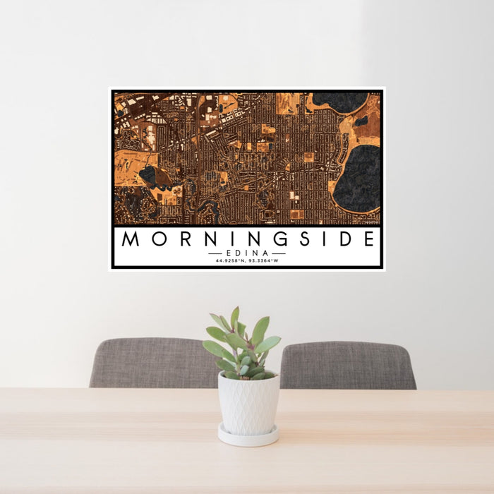 24x36 Morningside Edina Map Print Lanscape Orientation in Ember Style Behind 2 Chairs Table and Potted Plant
