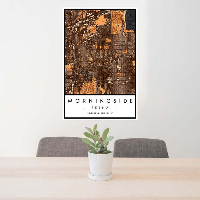 24x36 Morningside Edina Map Print Portrait Orientation in Ember Style Behind 2 Chairs Table and Potted Plant