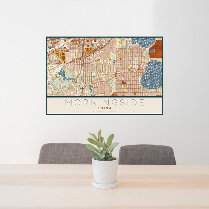 24x36 Morningside Edina Map Print Lanscape Orientation in Woodblock Style Behind 2 Chairs Table and Potted Plant