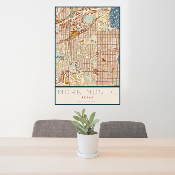 24x36 Morningside Edina Map Print Portrait Orientation in Woodblock Style Behind 2 Chairs Table and Potted Plant