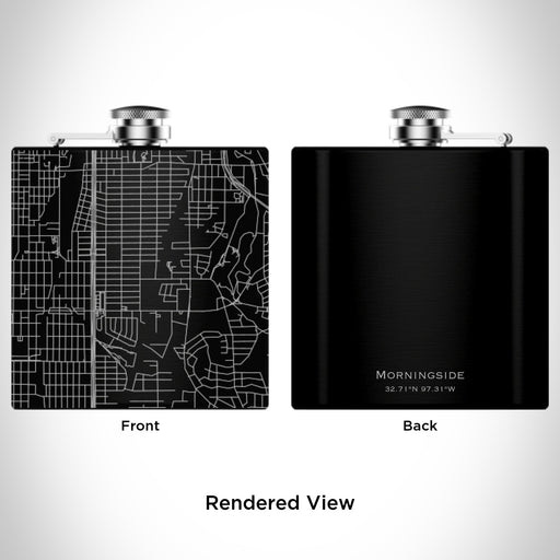 Rendered View of Morningside Fort Worth Map Engraving on 6oz Stainless Steel Flask in Black