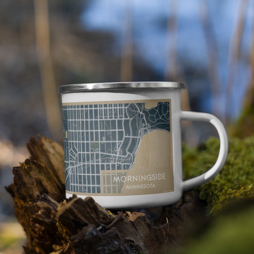 Right View Custom Morningside Minnesota Map Enamel Mug in Afternoon on Grass With Trees in Background