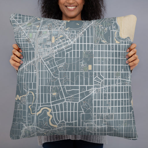 Person holding 22x22 Custom Morningside Minnesota Map Throw Pillow in Afternoon