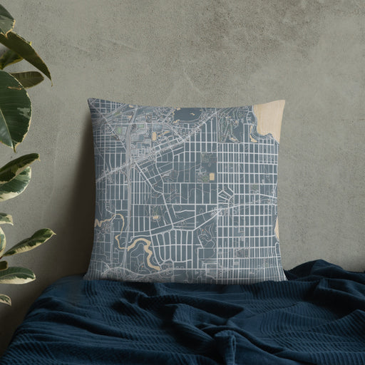 Custom Morningside Minnesota Map Throw Pillow in Afternoon on Bedding Against Wall