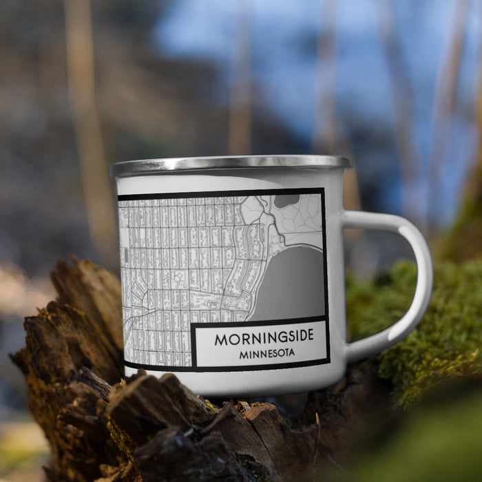 Right View Custom Morningside Minnesota Map Enamel Mug in Classic on Grass With Trees in Background