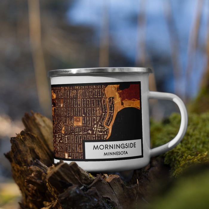 Right View Custom Morningside Minnesota Map Enamel Mug in Ember on Grass With Trees in Background