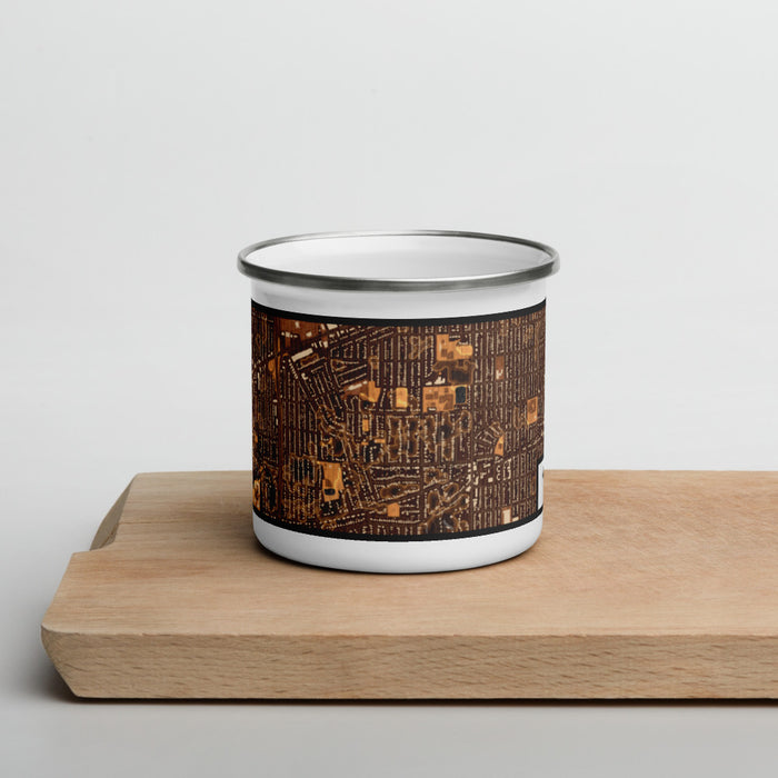 Front View Custom Morningside Minnesota Map Enamel Mug in Ember on Cutting Board