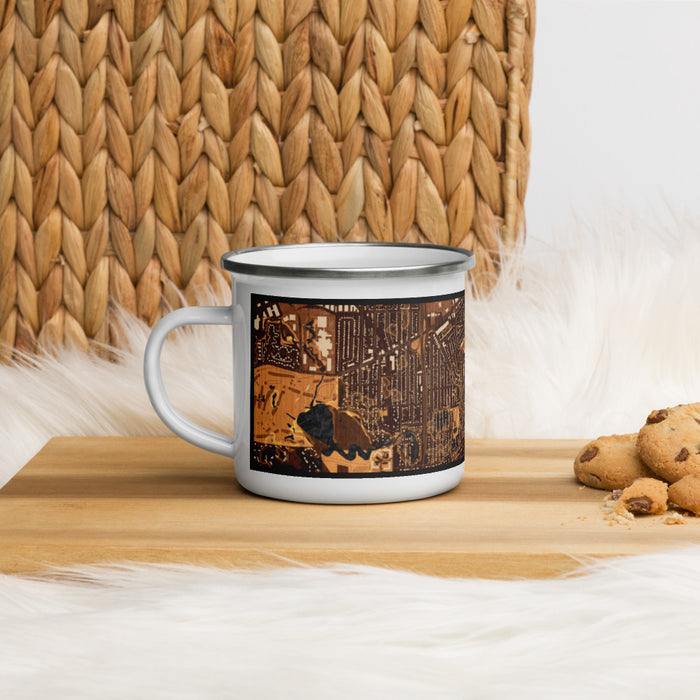 Left View Custom Morningside Minnesota Map Enamel Mug in Ember on Table Top