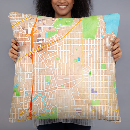 Person holding 22x22 Custom Morningside Minnesota Map Throw Pillow in Watercolor