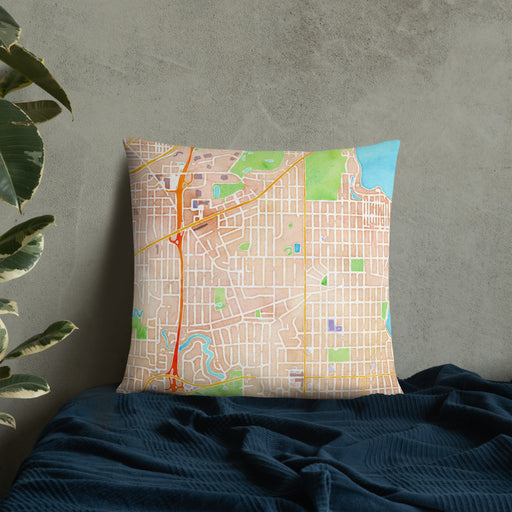 Custom Morningside Minnesota Map Throw Pillow in Watercolor on Bedding Against Wall
