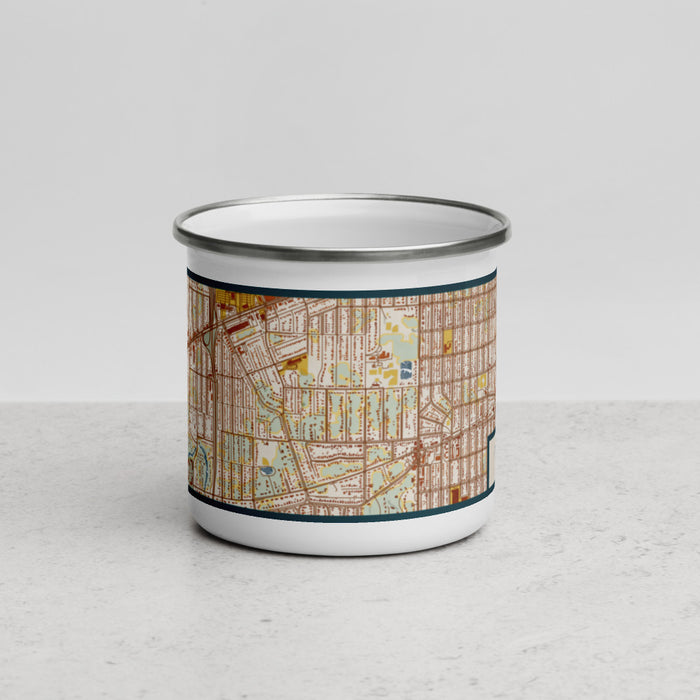 Front View Custom Morningside Minnesota Map Enamel Mug in Woodblock