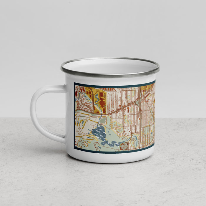 Left View Custom Morningside Minnesota Map Enamel Mug in Woodblock