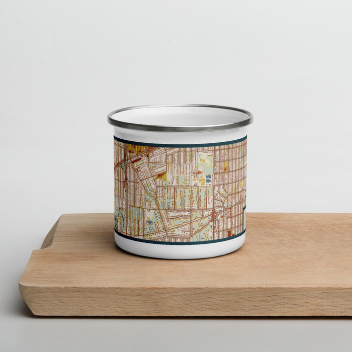 Front View Custom Morningside Minnesota Map Enamel Mug in Woodblock on Cutting Board