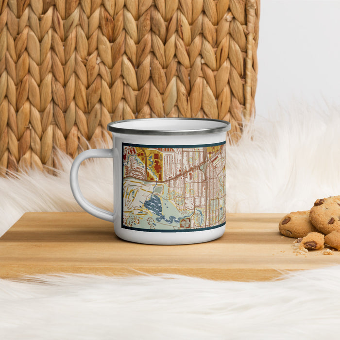 Left View Custom Morningside Minnesota Map Enamel Mug in Woodblock on Table Top