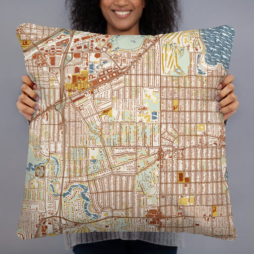Person holding 22x22 Custom Morningside Minnesota Map Throw Pillow in Woodblock