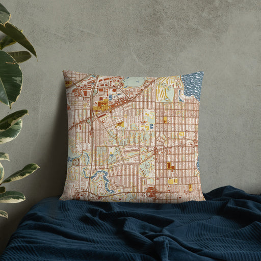 Custom Morningside Minnesota Map Throw Pillow in Woodblock on Bedding Against Wall