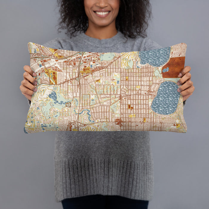 Person holding 20x12 Custom Morningside Minnesota Map Throw Pillow in Woodblock